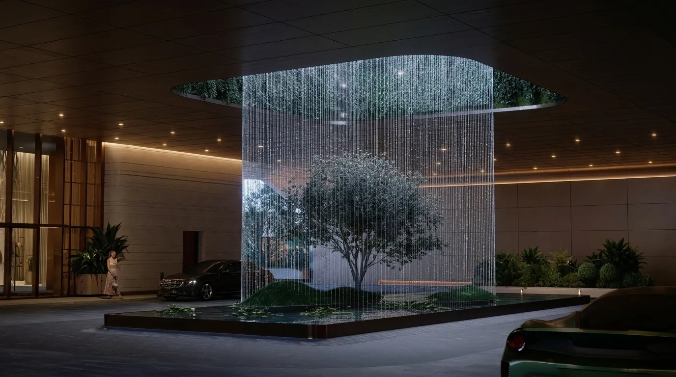Anantara Residences Miami arrival court with glass oculus water feature and olive tree