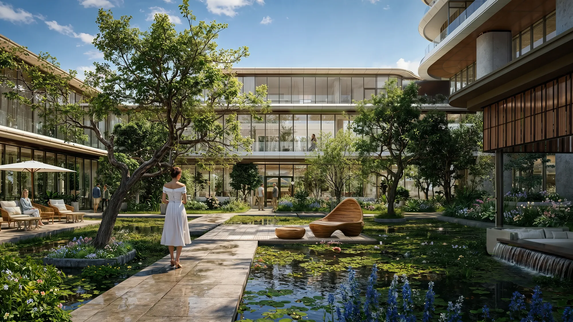 Level 5 north garden with stepping-stone pathways and water gardens