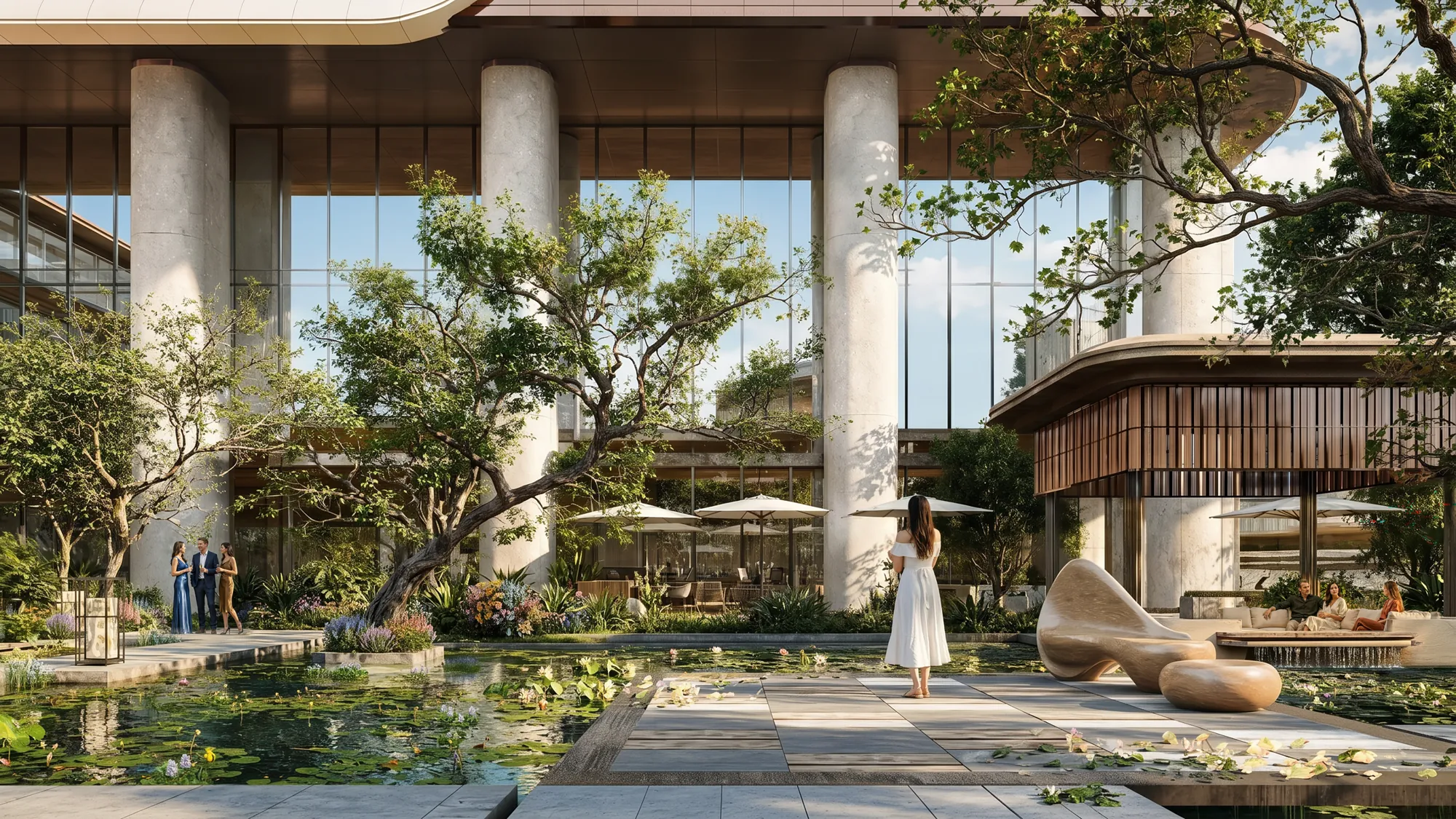 Level 5 tropical garden with lily ponds and lounge terraces