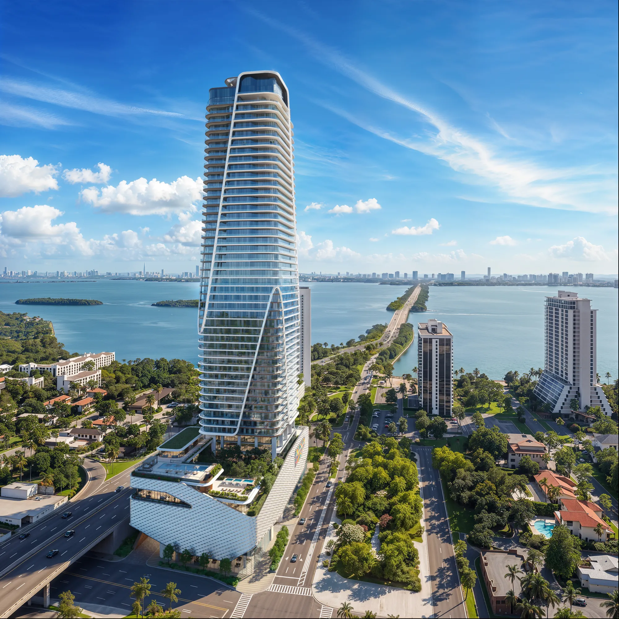 Aerial view of Anantara Residences Miami tower above Biscayne Bay and Miami Beach