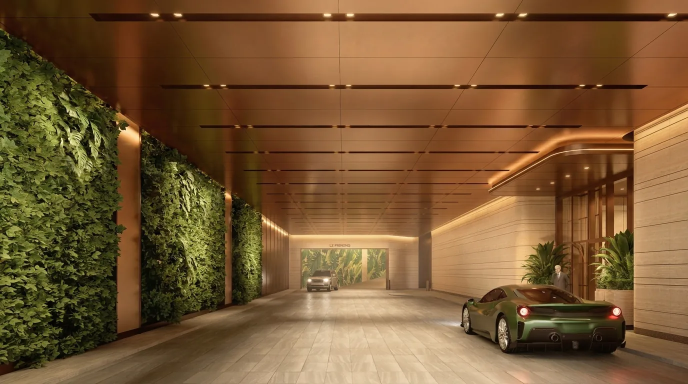 Private VIP arrival drive lined with living green walls and warm wood ceiling