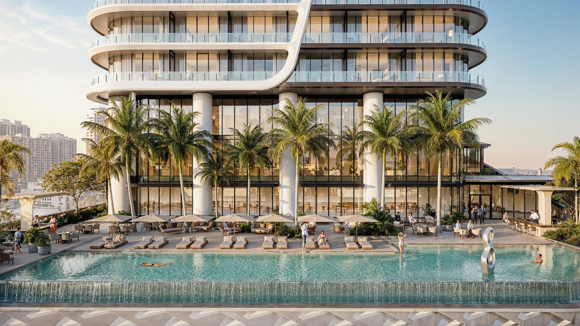 Anantara Residences Miami pool deck with cabanas below the tower terraces