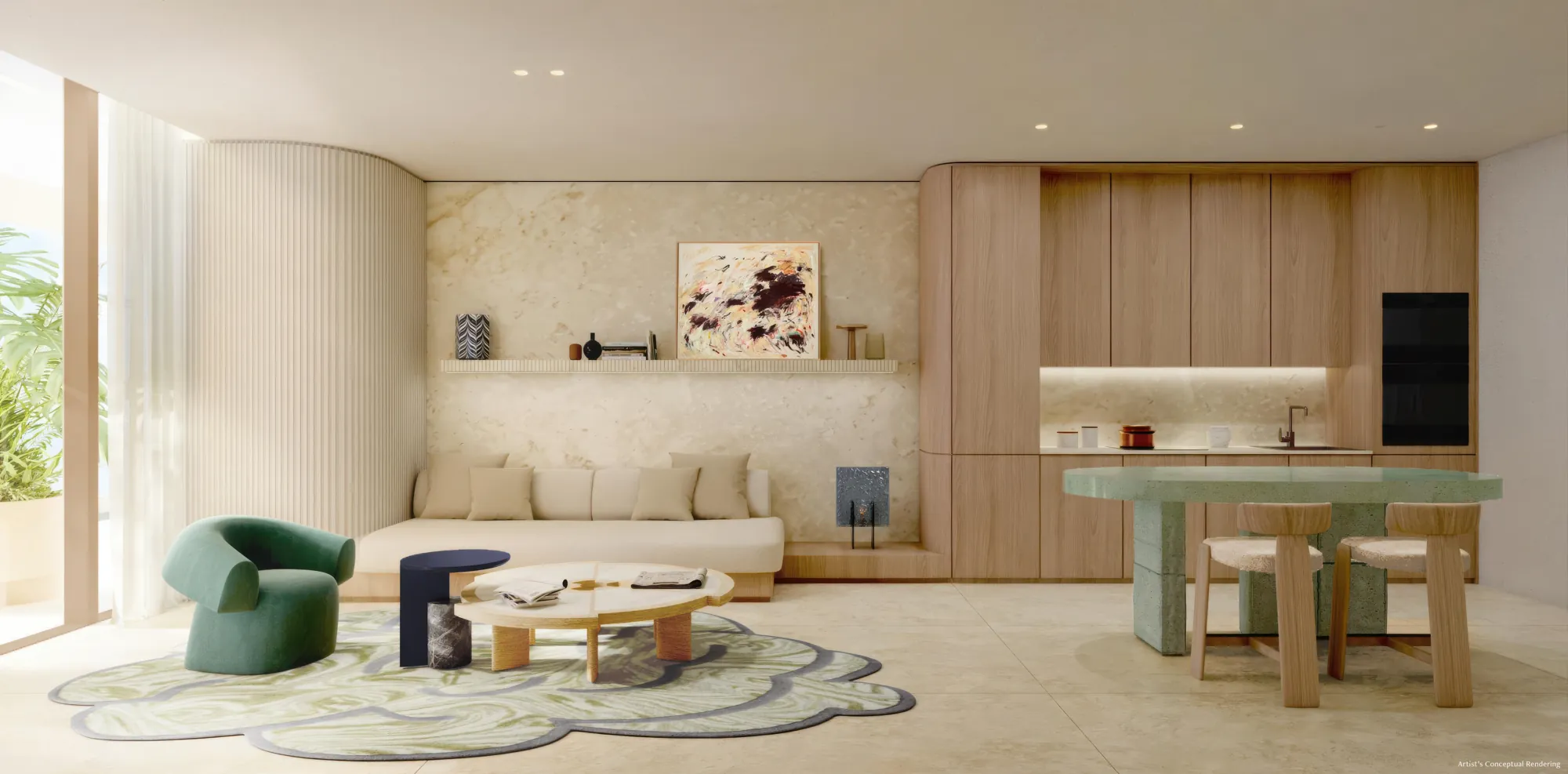 Open living and kitchen space with sculptural furniture