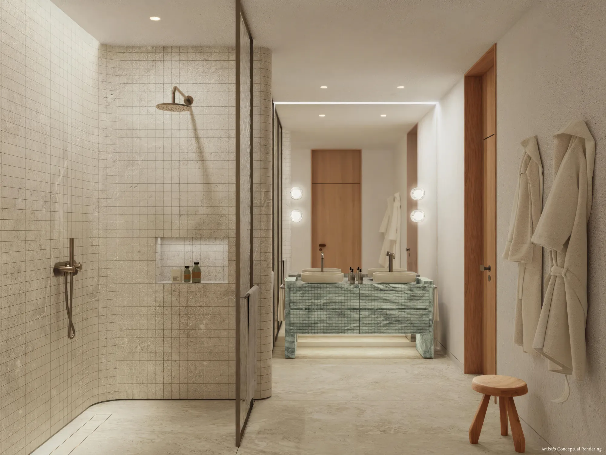 Spa-like bathroom with glass shower and green marble vanity