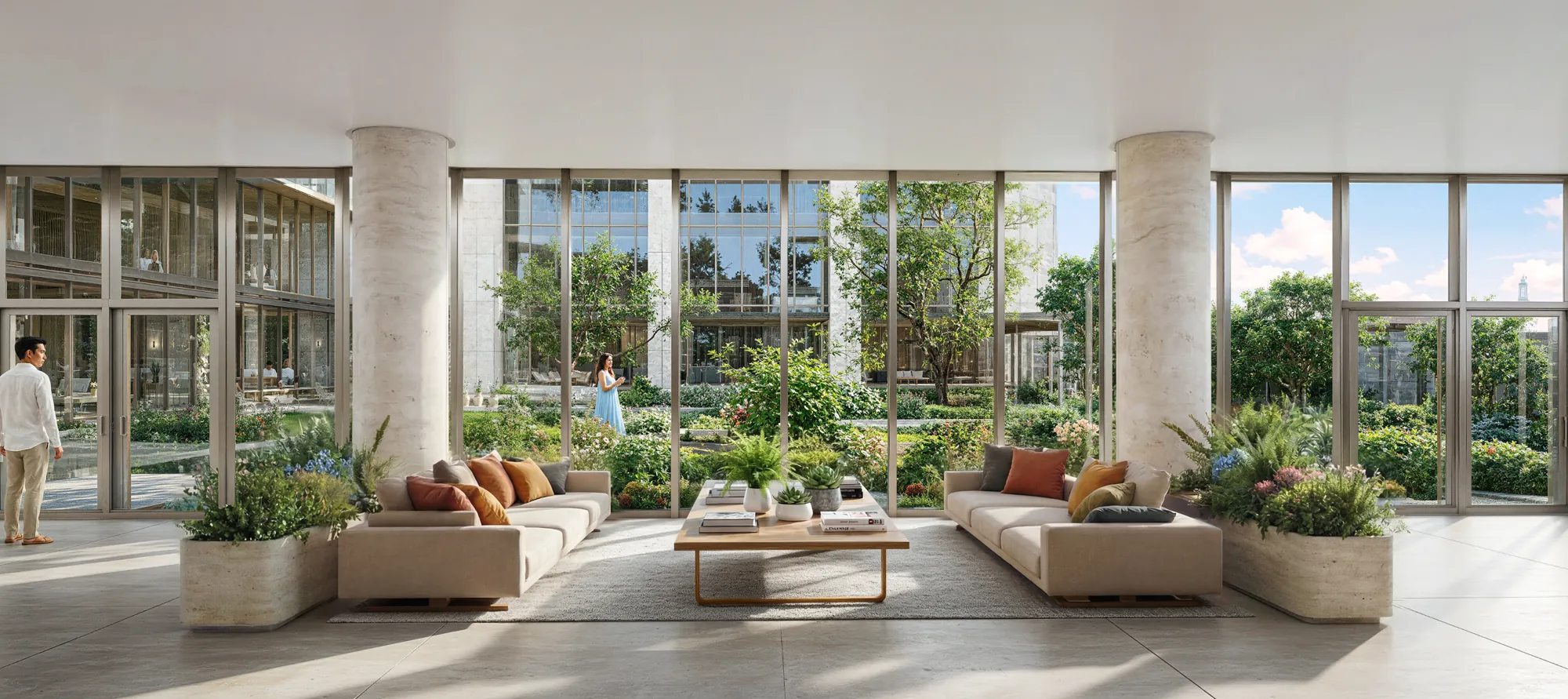 Level 4 lift lobby lounge opening onto tropical gardens