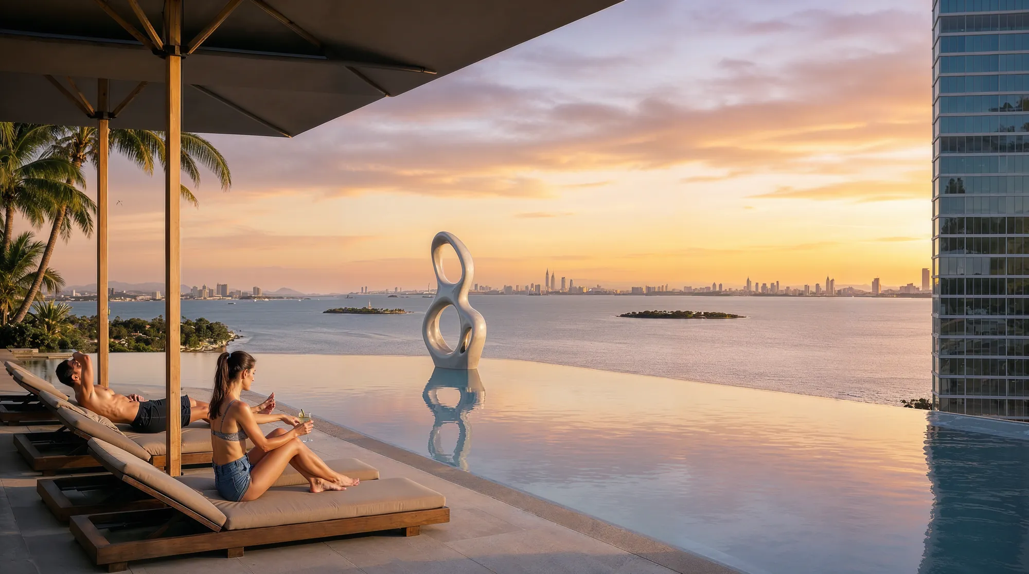Infinity pool overlooking Biscayne Bay at sunset