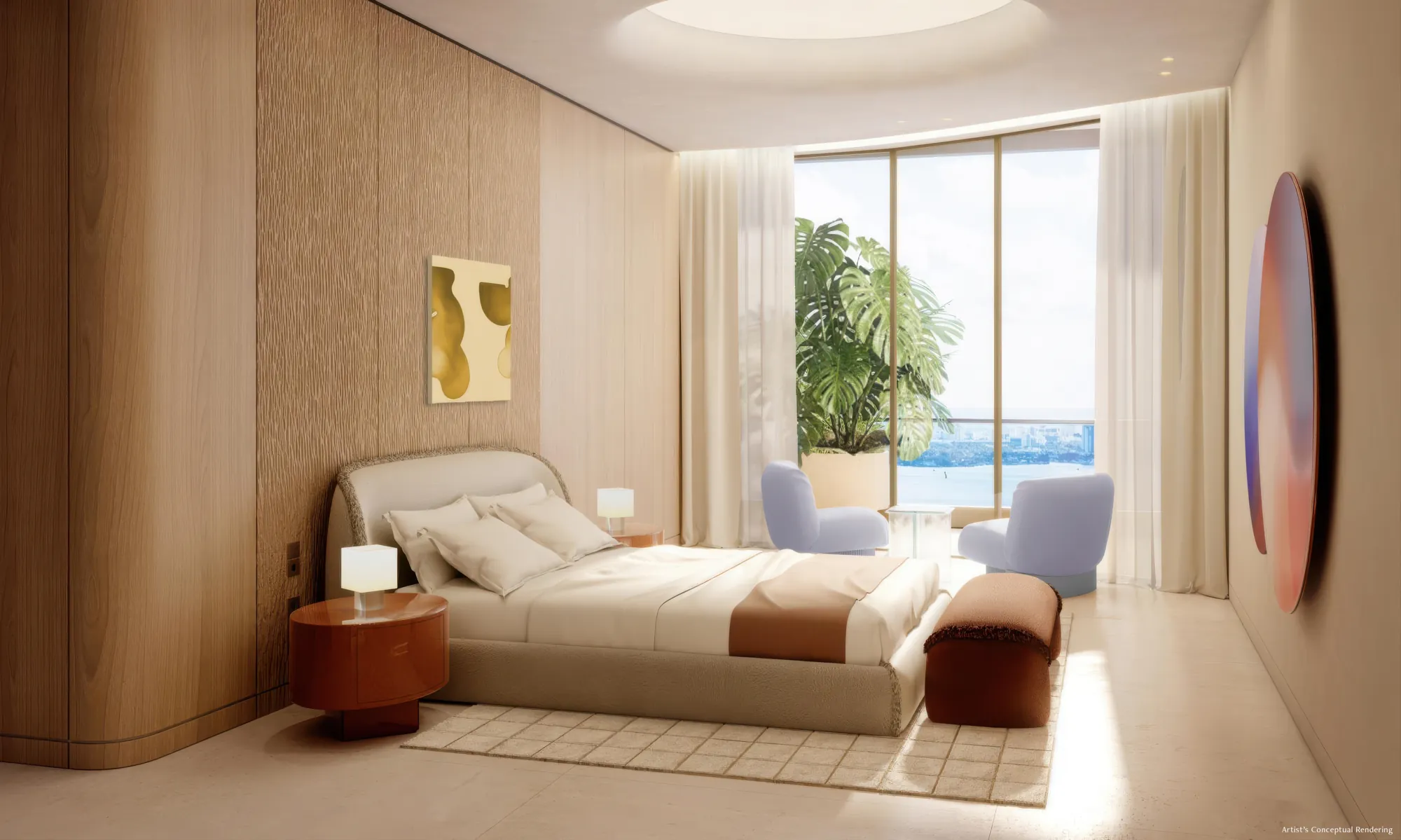 Primary bedroom with bay-view windows and curated art