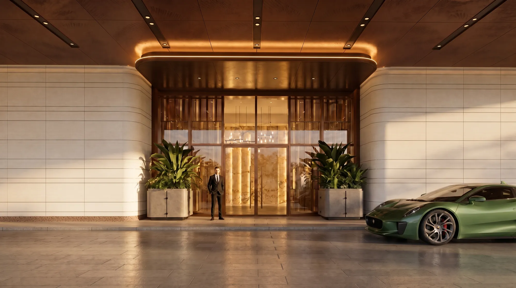 Private residences entrance with bronze doors and sports car in the motor court