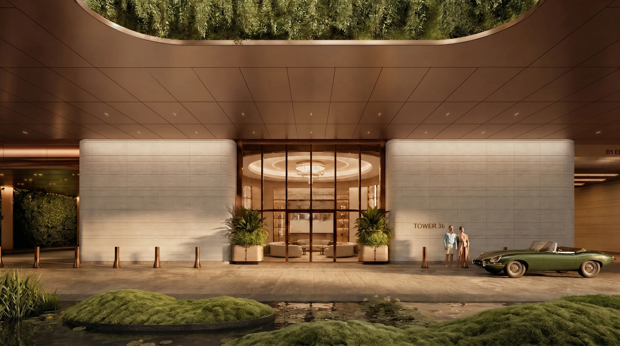 Residential drop-off with planted ceiling garden and glass lobby entry
