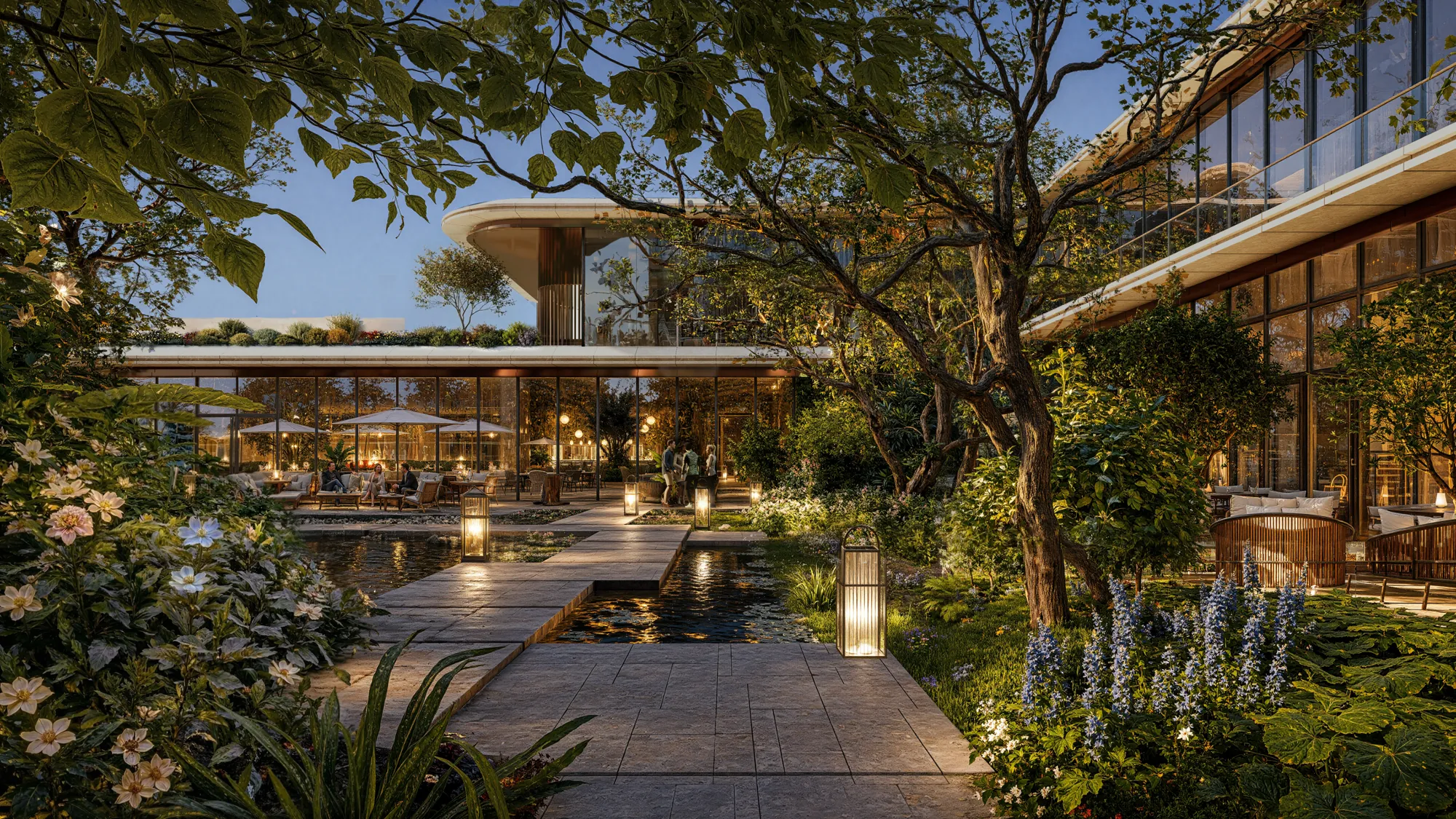 Level 5 west garden pavilion surrounded by mature tropical trees