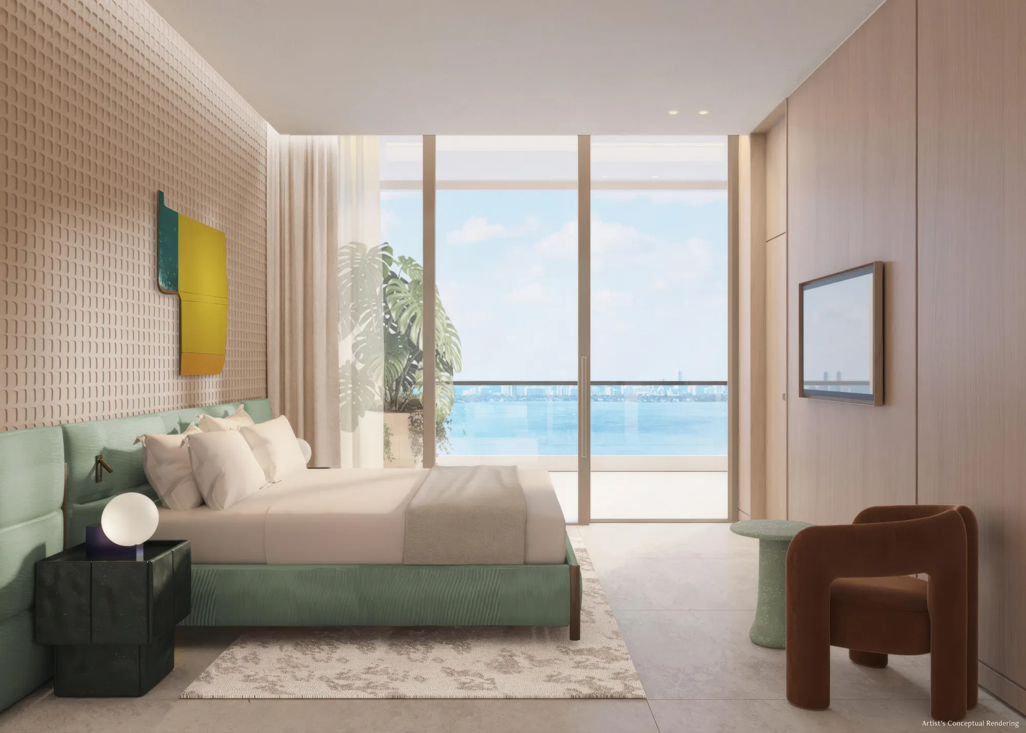 Bedroom with ocean views and green upholstered bed