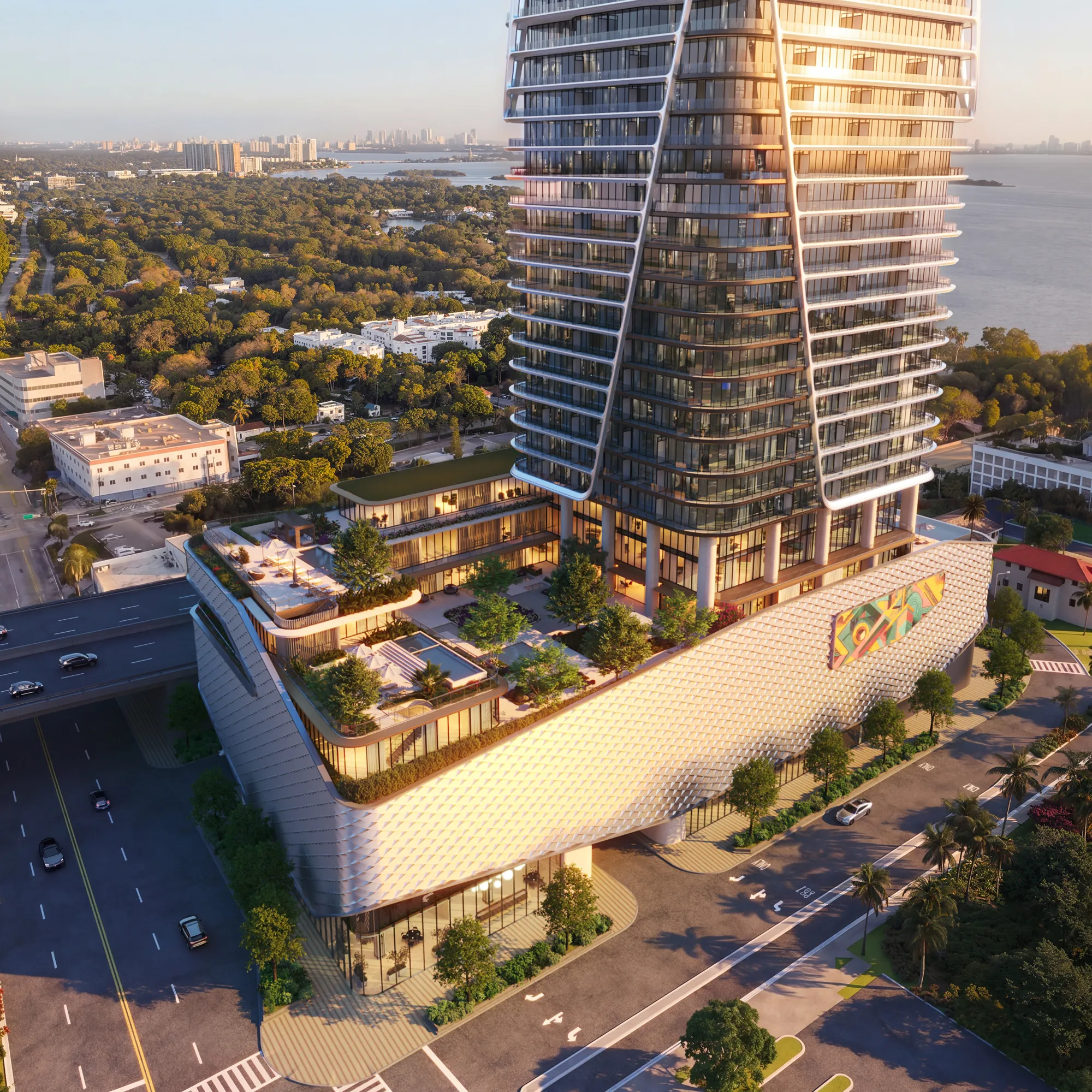 Aerial view of the Anantara Residences Miami tower and amenity deck on Biscayne Boulevard