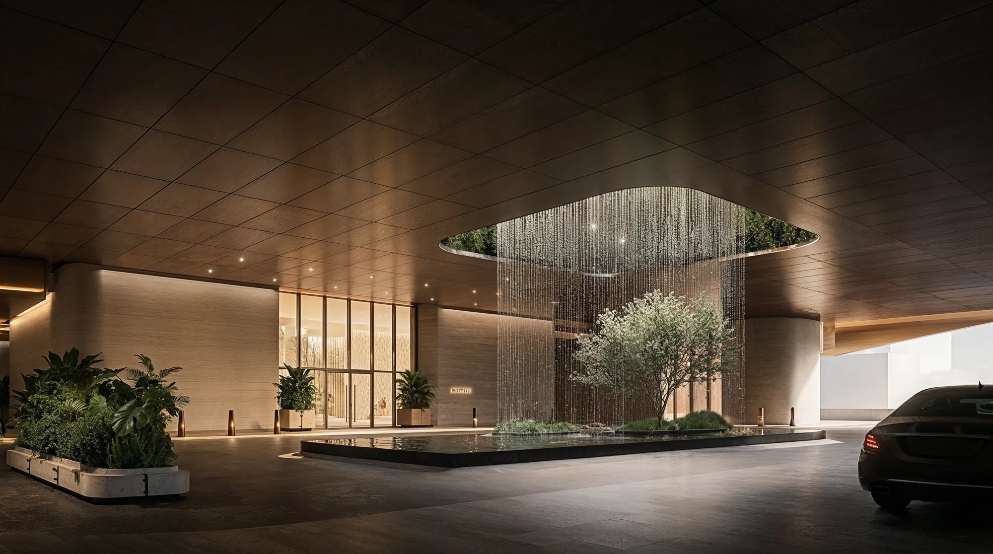 Motor court with suspended garden canopy and illuminated lobby
