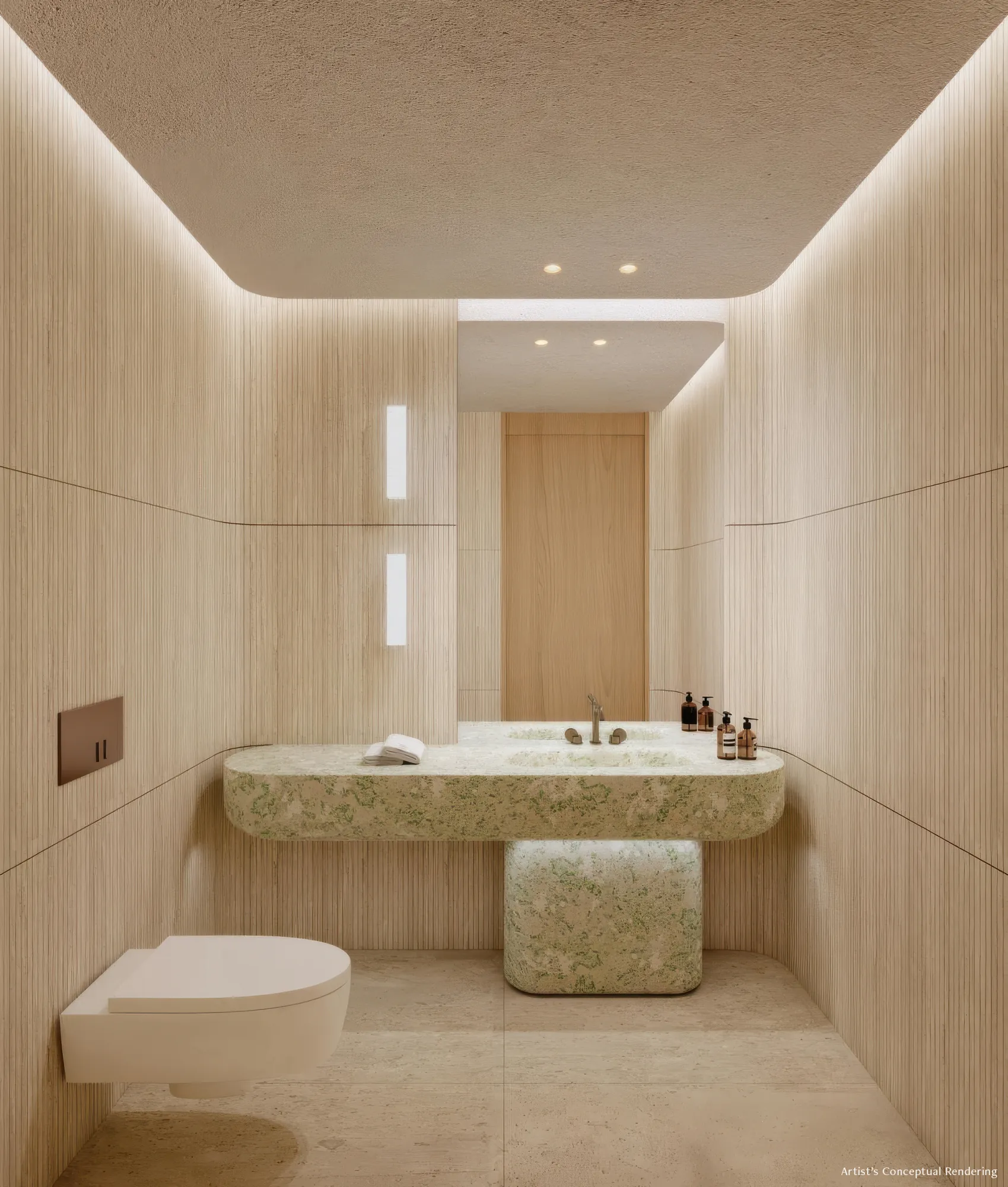 Powder room with green stone vanity and wood-panelled walls